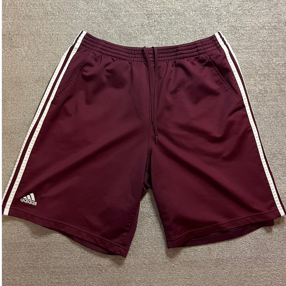 Adidas Mens Maroon Burgundy 3-Stripe Athletic Shorts Size Large Zipper Pocket